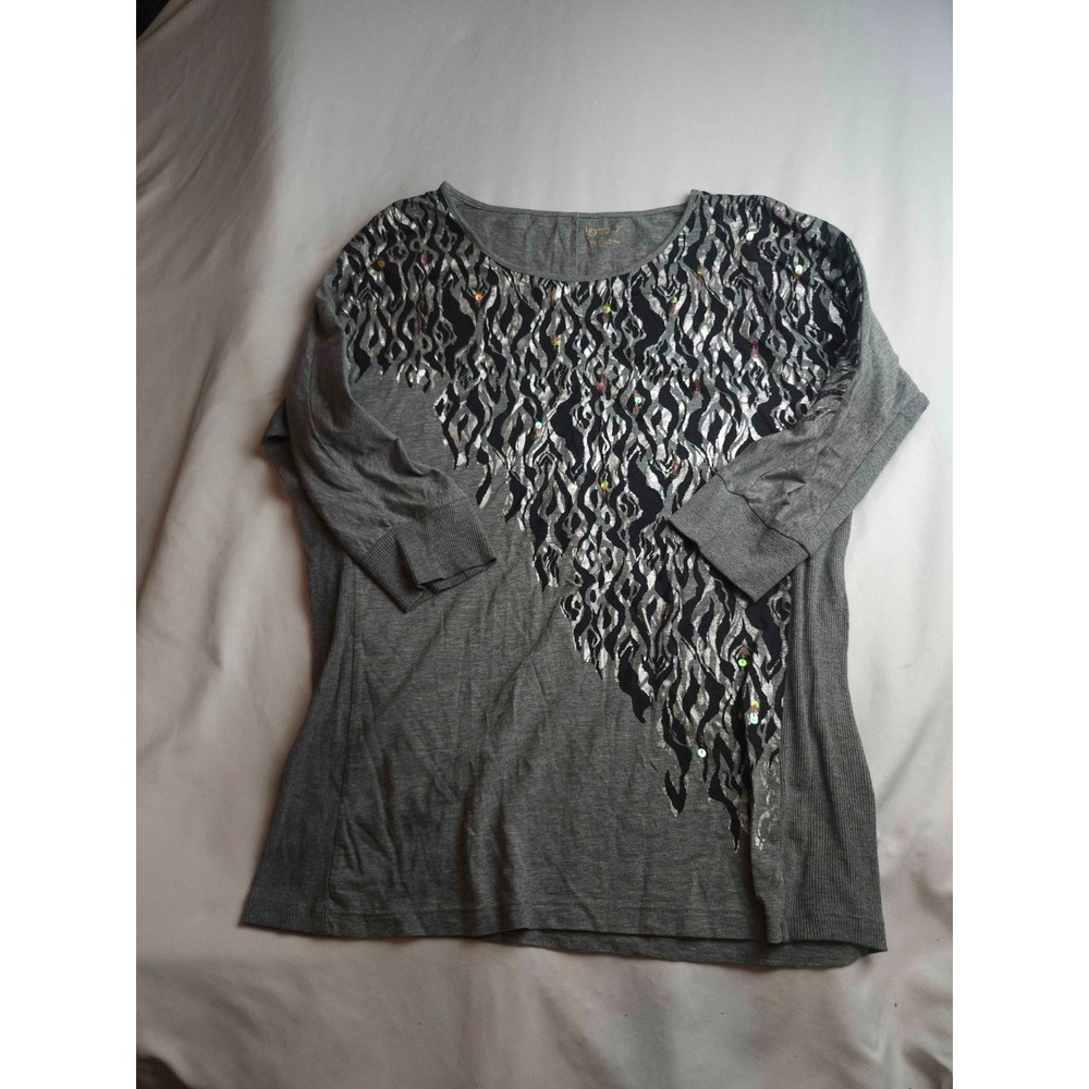 New Directions Weekend Top Womens L Silver Gray Flame Sequins Grunge Indie Y2K